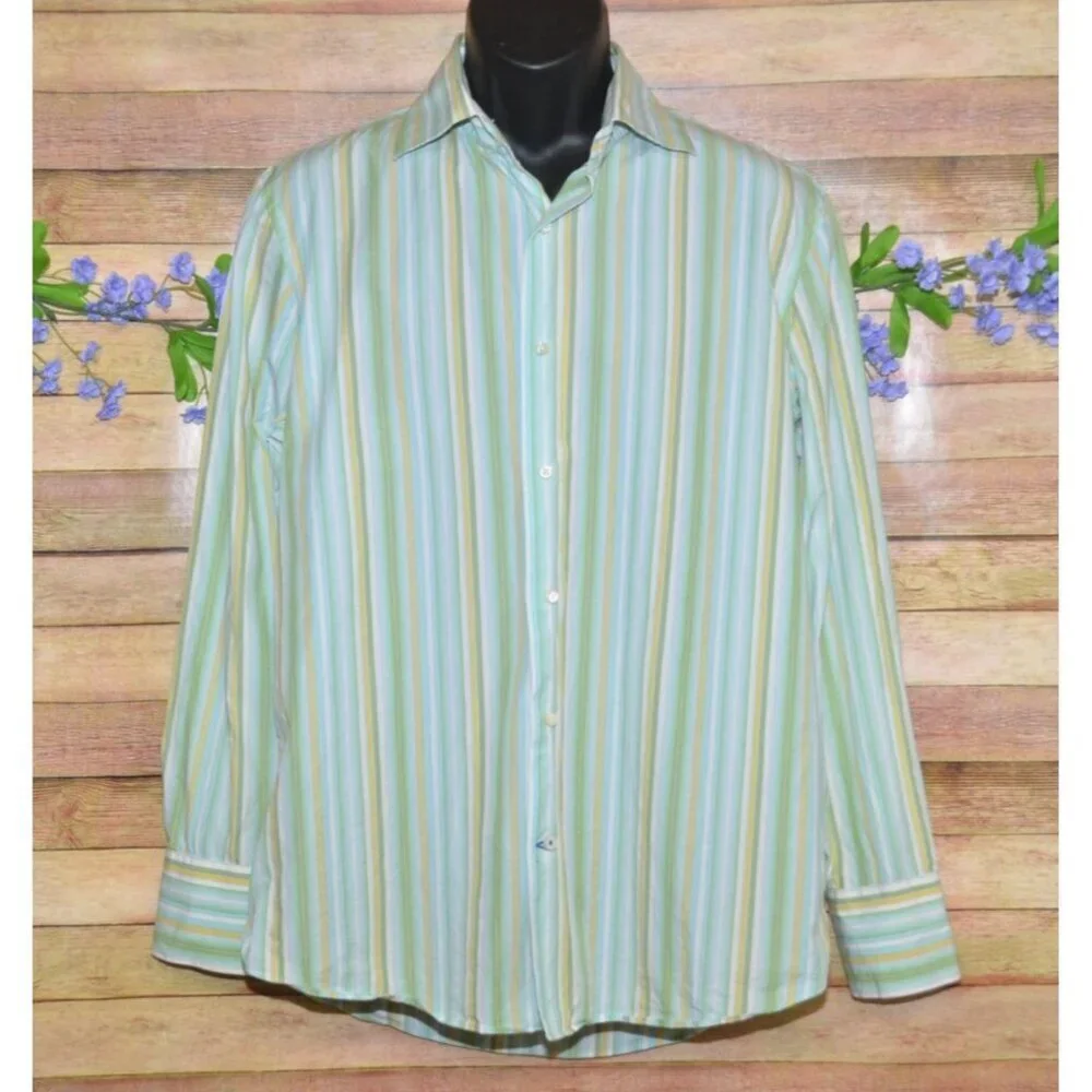 Banana Republic Shirt Men's 16-16 1/2 Green Stripe Cotton Flip Contrast Cuffs